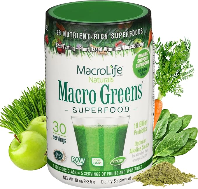 MacroLife Macro Greens Superfood Powder 38 Nutrient-Rich Super Greens with Probiotics Digestive Enzymes &amp Adaptogen Drink Mix for Energy &amp Vitality - Non-GMO Vegan Gluten-Free - 10oz (30 Servi