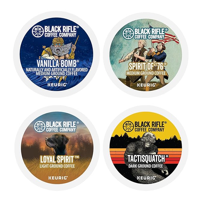 Black Rifle Coffee Flavored Variety 48 Pods - Loyal Spirit (Light Roast) Vanilla Bomb &amp Spirit of 76' (Medium Roast) Tactisquatch (Dark Roast) - K Cups Coffee Variety Pack