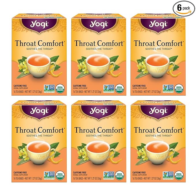 Yogi Tea - Throat Comfort (6 Pack) - Soothes the Throat with Wild Cherry Bark Licorice Root Mullein and Ginger - Caffeine Free - 96 Organic Herbal Tea Bags