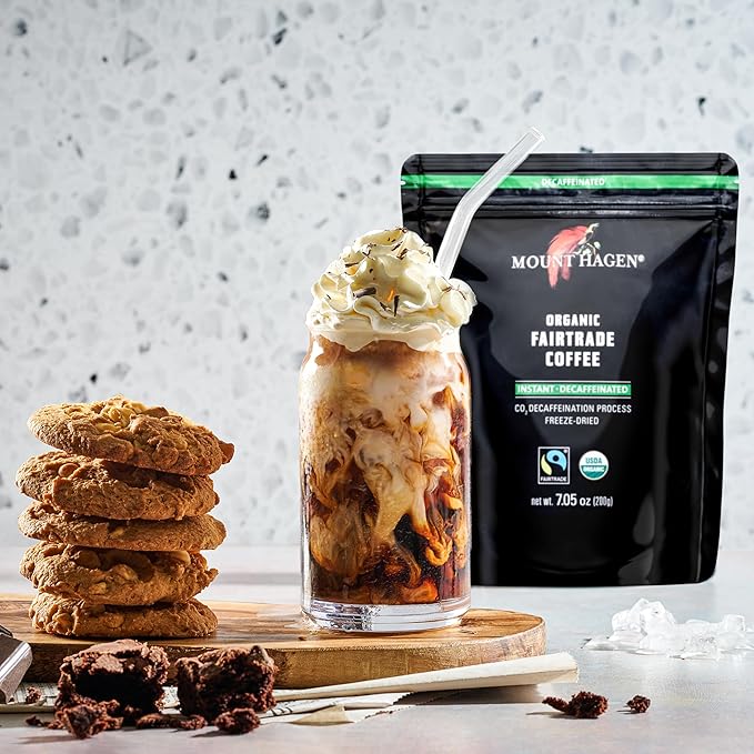 Mount Hagen 7.05oz Organic Freeze Dried Instant Decaf Coffee | Made From Organic Medium Roast Arabica Beans | Fair-Trade Eco-friendly Instant Decaffeinated Coffee in Resealable Pouch Bag [7.05oz]