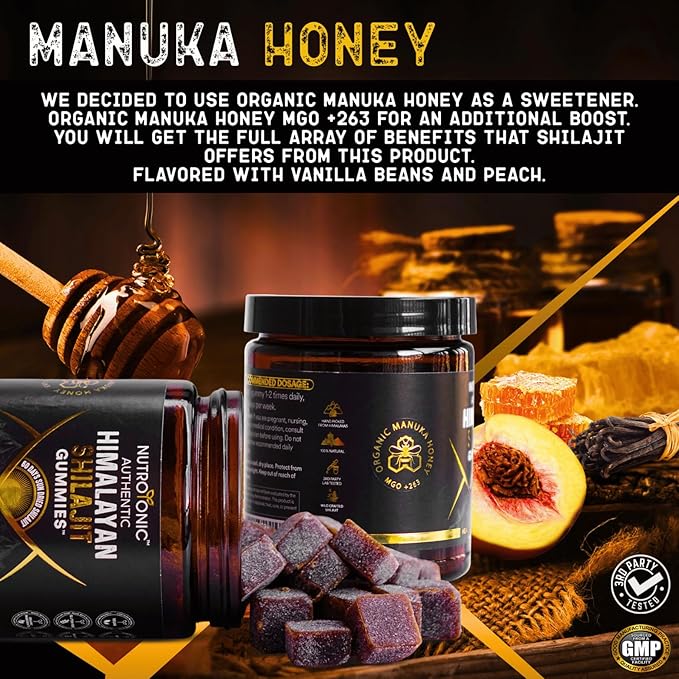 NutroTonic® Organic Himalayan Shilajit Gummies – Peach Vanilla Flavor – Shilajit for Men &amp Women – Wild Crafted Manuka Honey MGO +263 – Made in USA – 30 Gummies