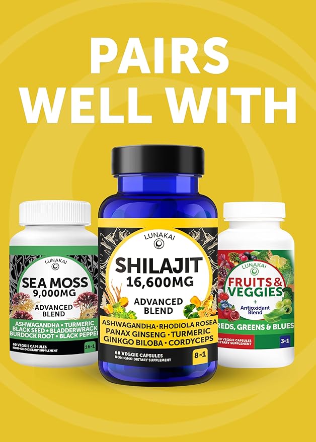 Lunakai USA Made Pure Shilajit Capsules with Ashwagandha Rhodiola &amp Cordyceps - Extra Strength Shilajit Extract for Men &amp Women 60ct