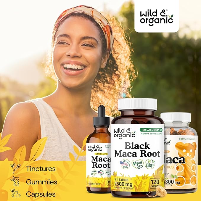 Wild &amp Organic Black Maca Root Capsules for Women &amp Men 500 mg - Overall Support - 120 Vegan Capsules with Maca Powder - Men &amp Women Supplement - 120 Days Supply Non-GMO No Fillers Glut
