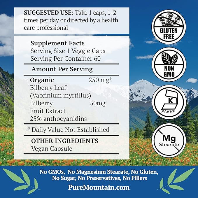 Pure Mountain Botanicals Bilberry Extract Supplement Vegan Kosher Capsules with 250mg Organic Bilberry Leaf &amp 50mg Potent Extract of Billberries