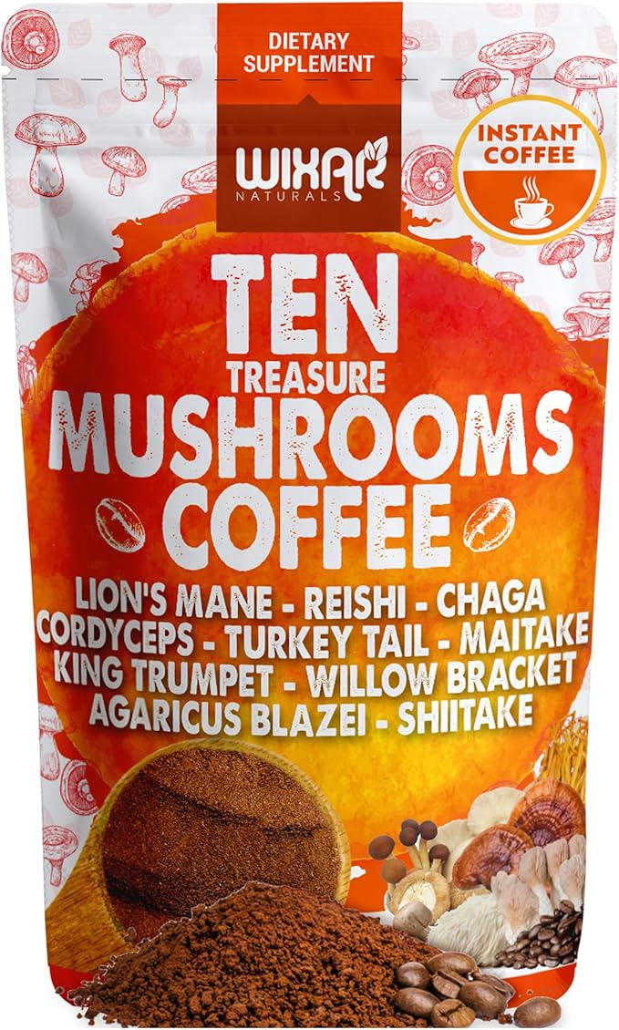 Wixar Mushroom Coffee Blend - Ten Treasure Mushrooms Extract Instant Coffee Powder with Lions Mane Turkey Tail Reishi Chaga Shiitake Maitake Cordyceps Complex - 5oz Mushroom Supplement