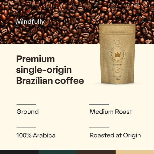 4-Pack Specialty Coffee Mindfully – Arabica Roasted and Ground in Brazil – Smooth Centering Flavor with Notes of Chocolate Caramel Vanilla and Nuts – Carefully Harvested – Brazilian Coffee King