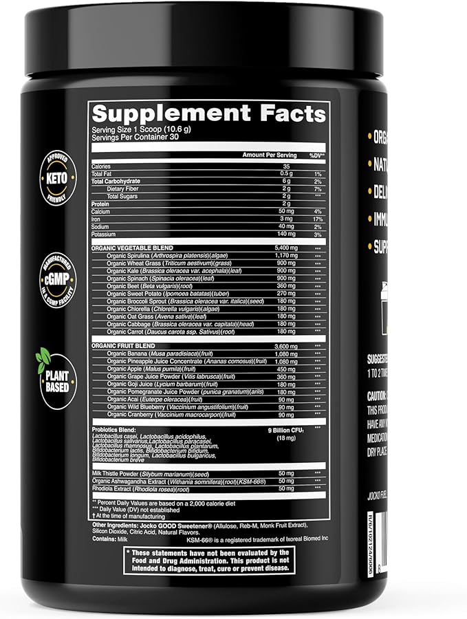 Jocko Fuel Daily Greens Powder - Premium Organic Greens Superfood Powder for Gut Health Digestion Bloating Immune Support with Spirulina Chlorella Digestive Enzymes &amp Probiotics - 30 Serving