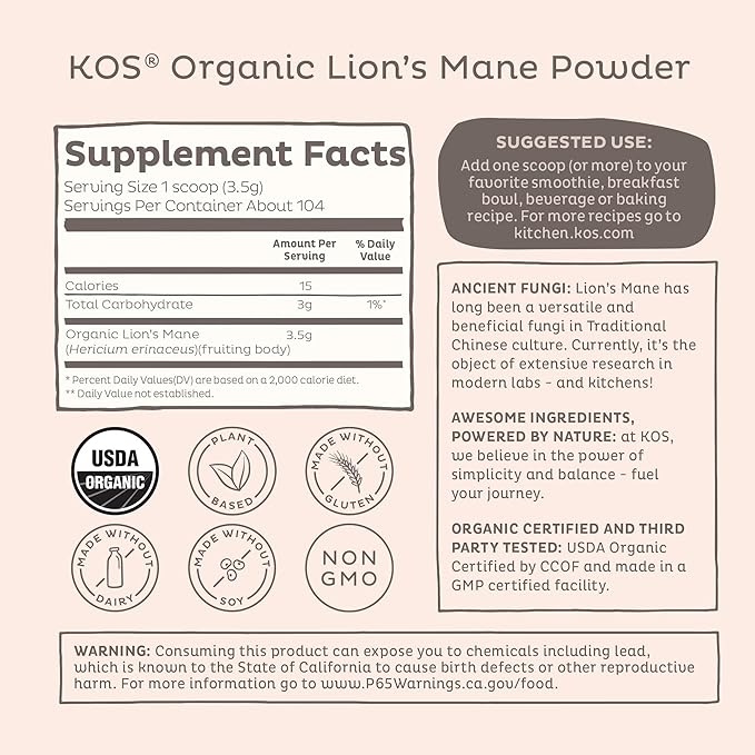 KOS Organic Lion's Mane Powder - Natural Nootropic Superfood - Vegan Functional Mushroom Plant Based USDA Certified Non-GMO Soy &amp Gluten-Free - 104 Servings