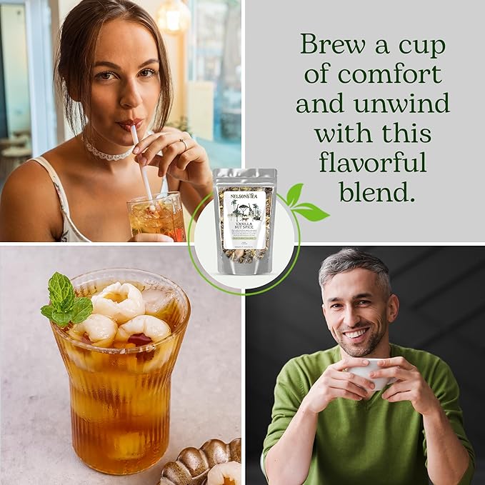 Nelson's Tea Vanilla Nut Spice - Cut &amp Sifted Low Caffeine Rooibos Loose Leaf Tea with Honeybush Yerba Mate Chicory Root Licorice Root Cardamom Seeds Coconut and Marigold Herbal Blend (16 oz