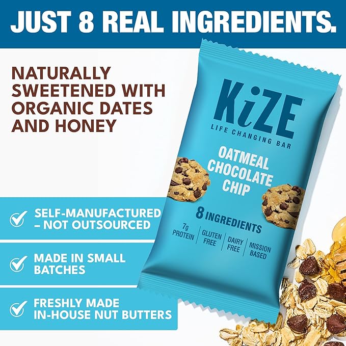 KiZE Energy Bars - Oatmeal Chocolate Chip - Gluten Free Dairy Free Non-GMO and High Protein Meal Replacement Energy Bars Clean and Simple Food Ingredients - 7g High Protein Snacks (10 Count)
