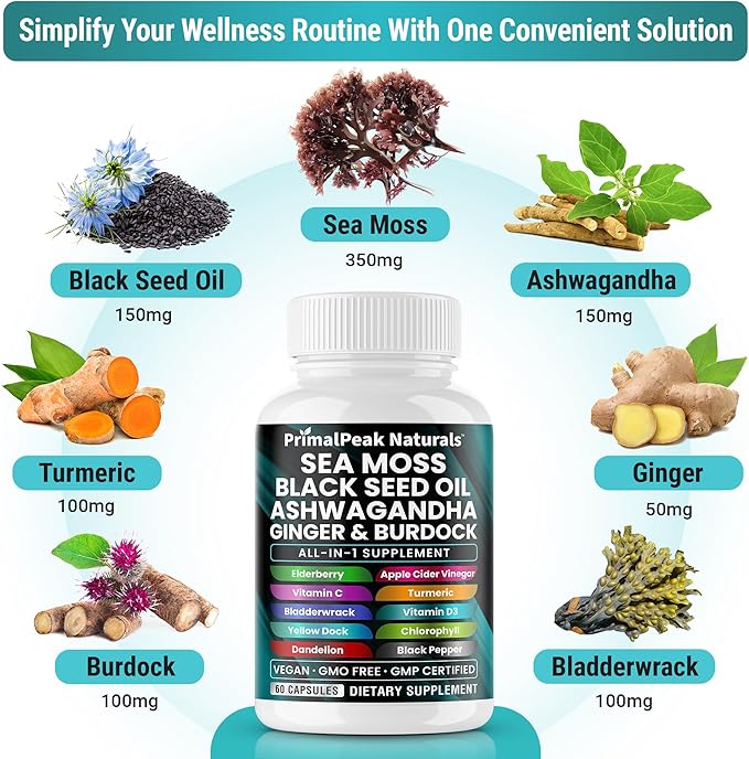 Sea Moss Black Seed Oil Ashwagandha Ginger Burdock Bladderwrack Turmeric &amp Vitamin C Vitamin D3 with ACV Elderberry Chlorophyll Dandelion Yellow Dock Vegan Capsules - 120 Count
