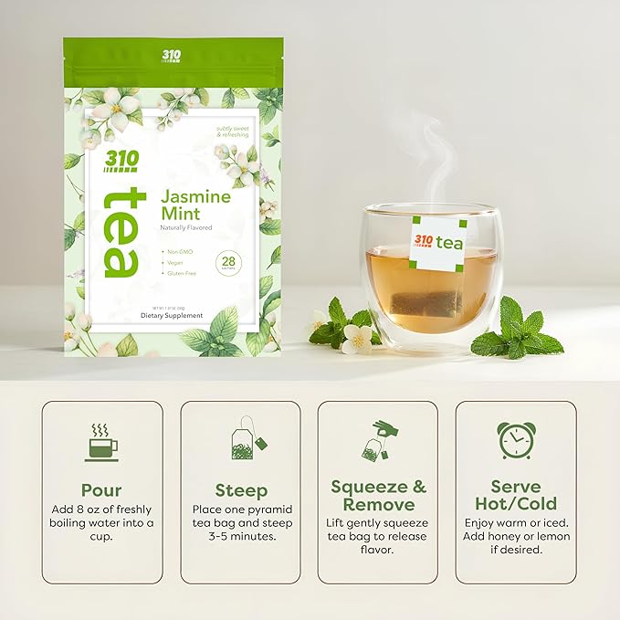 310 Nutrition Jasmine Mint Tea – Herbal Tea with Yerba Mate Oolong Green Tea Blend Peppermint Leaf Rooibos Guarana &amp Ginger – Sugar-Free Flavored Jasmine Tea Bags – Smooth Mint Green Tea – 28