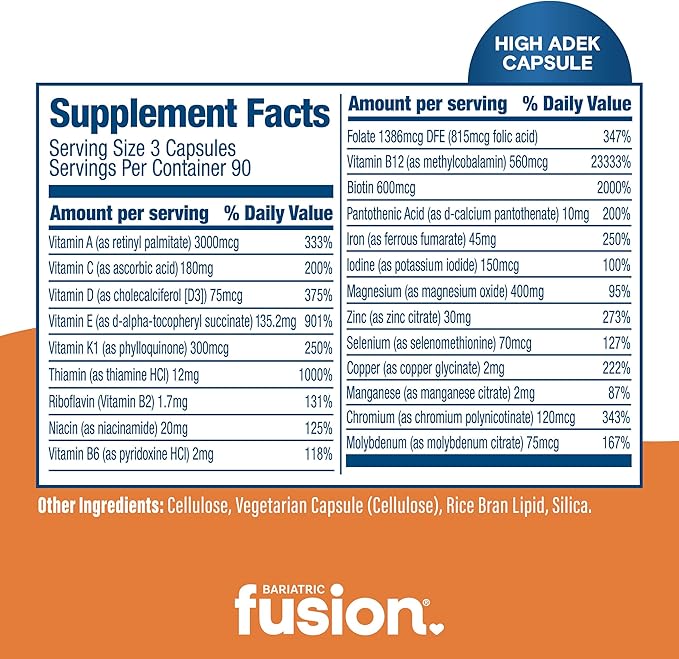 Bariatric Fusion High ADEK Multivitamin Capsule with 45mg Iron | Multi for Duodenal Switch Surgery Patients | Easy to Swallow Vitamin | 1080 Capsules | 1 Year Supply