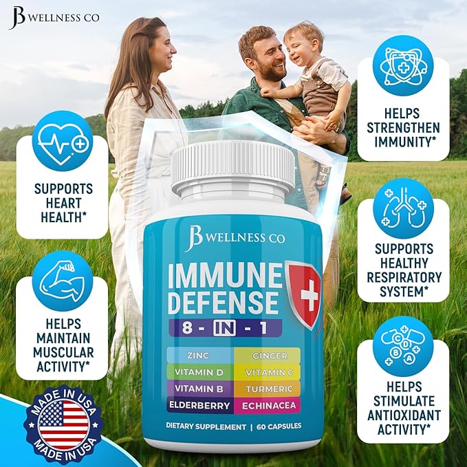 Immune Support 8 in 1 Capsules - Zinc Supplement Vitamin D3 Vitamin C and Elderberry - Immune Booster with Echinacea Ginger Root and Turmeric - [2-Pack]
