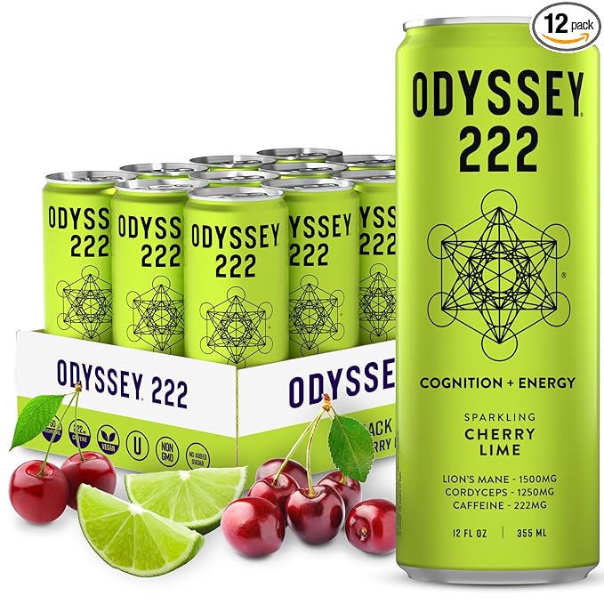 Odyssey 222 Energy Drink Pre Workout 222mg Caffeine Clean Energy Drinks L Theanine Lions Mane Cordyceps &amp Green Tea for Energy Focus &amp Mood Boost Low Calorie Cherry Lime 12 Fl oz 12
