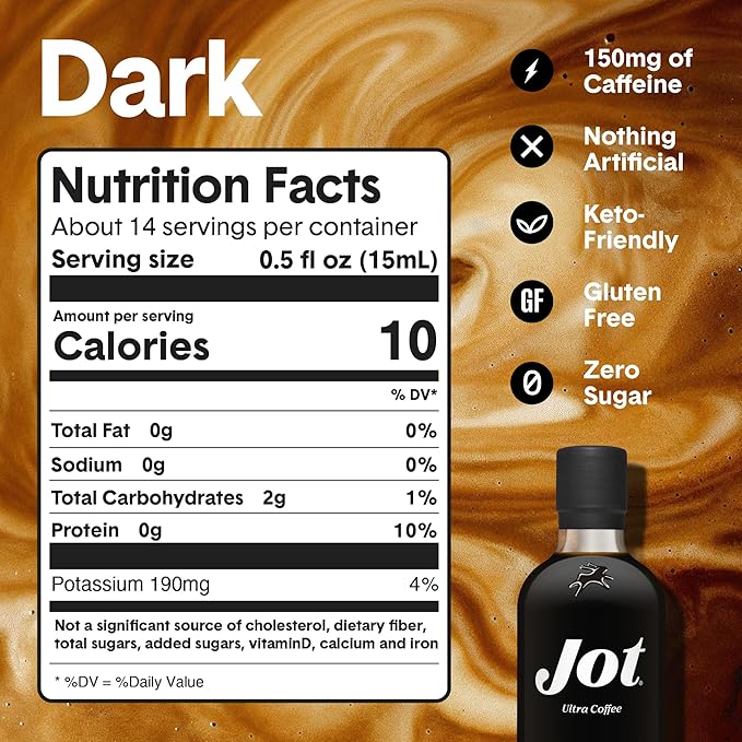 Jot Coffee Concentrate (Dark) High Caffeine Cold Brew Coffee Concentrate Liquid for Iced Coffees Instant Espresso Hot or Cold Instant Coffees - Makes 14 Cups 150mg Caffeine/Tbsp Sugar Free