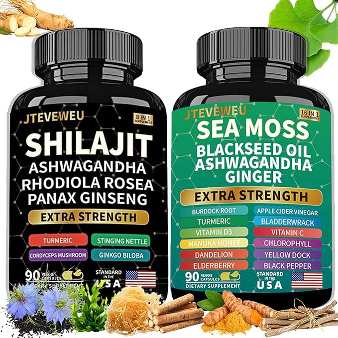 Shilajit and Sea Moss Bundle- 90 Count - Sea Moss Ashwagandha Shilajit Rhodiola Rosea &amp Ginger All in 1 Supplements