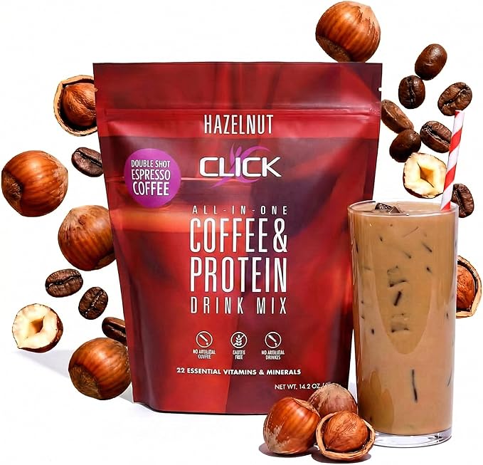 Click Coffee Protein Powder | Double Shot Espresso | 16g Protein | 23 Essential Vitamins | Low Calorie Meal Replacement | 150mg Caffeine | Gluten Free | No Artificial Flavors or Colors | Hazelnut