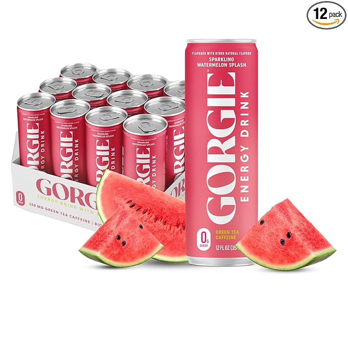 GORGIE Sugar Free Natural Energy Drinks Sparkling Watermelon Crush (12 Pack) - Healthy Energy Drink - Natural Coffee Replacement with Green Tea Caffeine and Biotin 150mg Caffeine Vegan Low Calorie