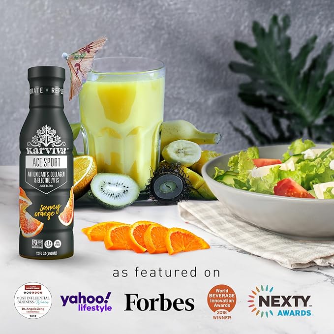 KARVIVA ACE Collagen Juice Energy Recovery Healthy Joints Skin &amp Hair Antioxidants Marine Collagen Electrolytes Low-Sugar Low-Calories Non-GMO Vitamins (6 BPA-Free Bottles12 fl oz Each)
