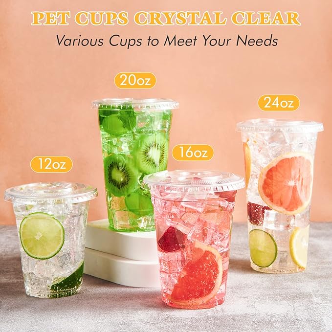 Vplus 160 Pack 20 OZ PET Clear Plastic Cups with Lids 20 OZ Crystal Cold Disposable Drinking Plastic Cups with Flat Lids Perfect for Ice Coffee Smoothie Juice