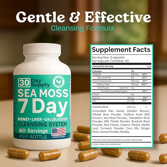 Atlantic Naturals Sea Moss Capsules – 7 Day Herbal Blend for Liver &amp Gallbladder Wellness – with Dandelion Root Milk Thistle Burdock Root Red Clover &amp Chanca Piedra – 180 Count Sea Moss Cap