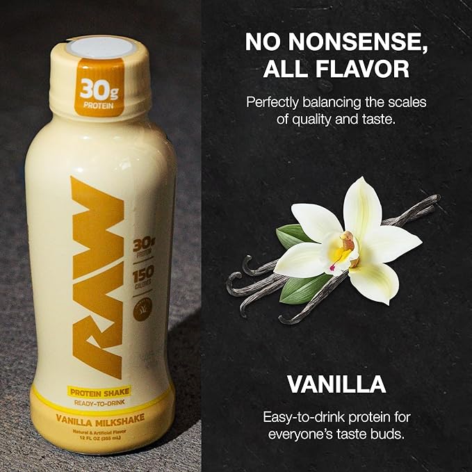 RAW Ready-to-Drink Protein Shake Vanilla - RTD Protein Drinks with Grass-Fed Whey Protein Isolate for Post-Workout - Zero-Sugar &amp Gluten-Free Meal Replacement Drink &amp Breakfast Shake 12 Fl O