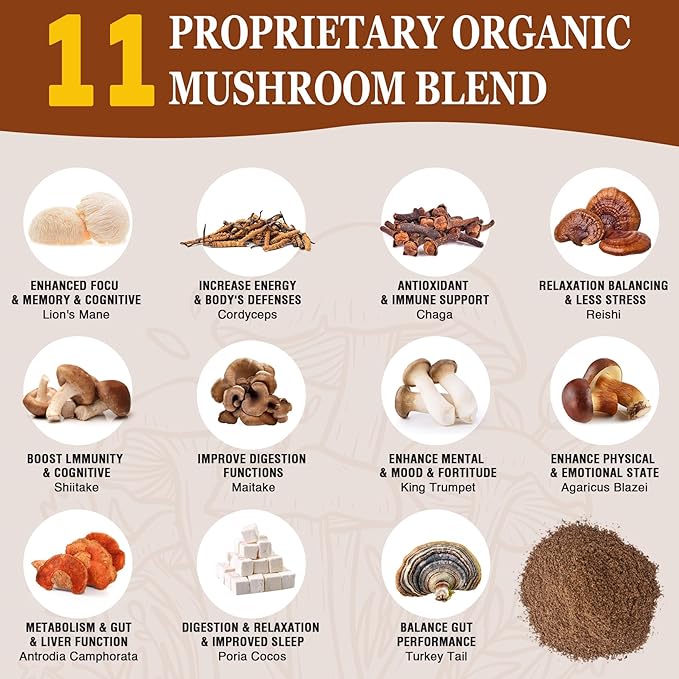 Mushroom Coffee 11 Organic Mushrooms Plus Adaptogens &amp Probiotics with Lion's Mane Chaga Reishi Cordyceps Complex Instant Coffee for Focus Energy Gut Digestion Immunity - 5.3oz