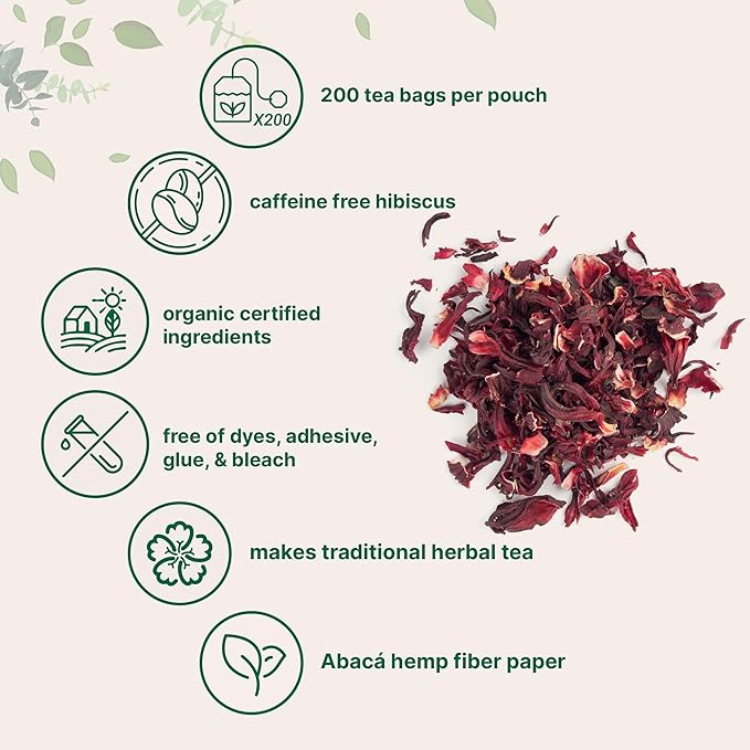 Organic Hibiscus Tea Bags 200 Count | Premium Source from Hibiscus Flowers | Caffeine Free Herbal Tea | Eco-Friendly Hemp Paper Tea Bags | Non-GMO No Sugar
