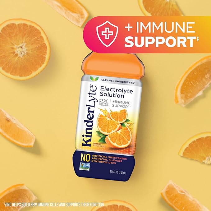 Kinderlyte Electrolyte Solution 2X Faster Hydration vs. Water Alone No Artificial Sweeteners or Flavors No Synthetic Dyes Orange for Kids and Adults 33.8 fl oz (Pack of 6)