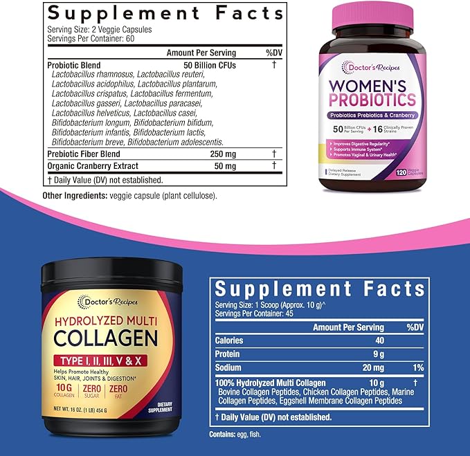 Doctor's Recipes Multi Collagen Peptides Powder 16oz and Women’s Probiotic 120 Caps