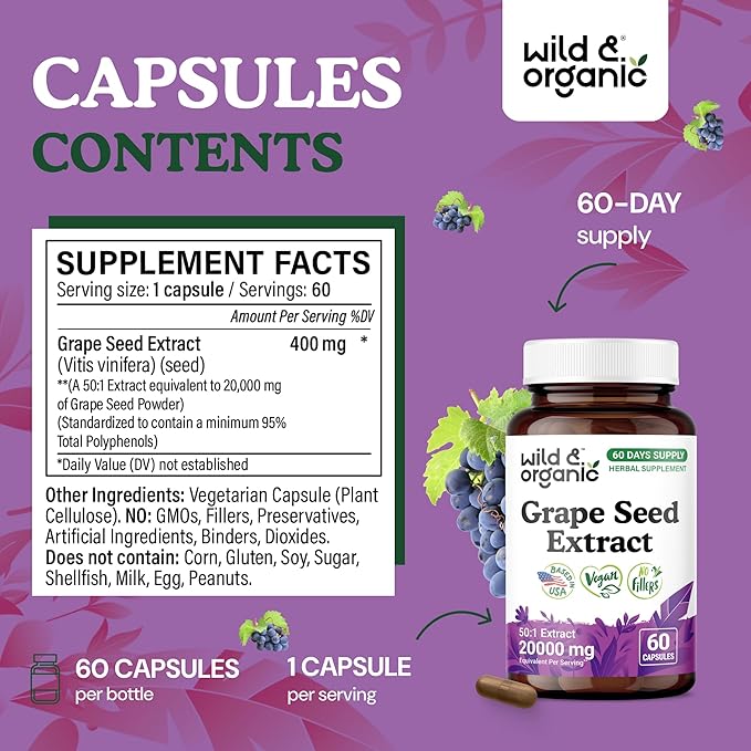 Wild &amp Organic Grape Seed Extract Capsules - 20000 mg Strength Grapeseed Extract Equivalent - 95% Polyphenols - 400 mg per Serving - 2 Month Supply - 60 Vegan Capsules - Non-GMO