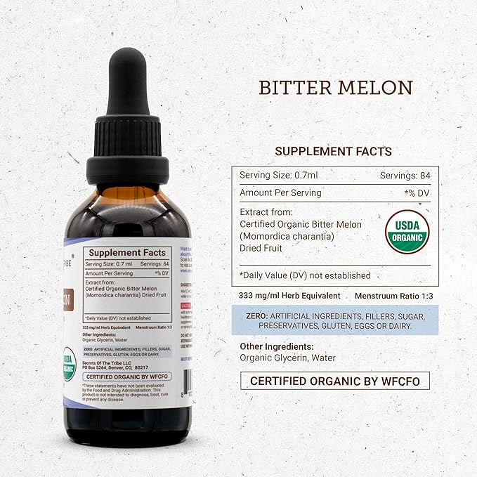 Secrets of the Tribe Bitter Melon USDA Organic | Alcohol-Free Extract High-Potency Herbal Drops | Made from 100% Certified Organic Bitter Melon (Momordica Charantia) Dried Fruit 2 oz
