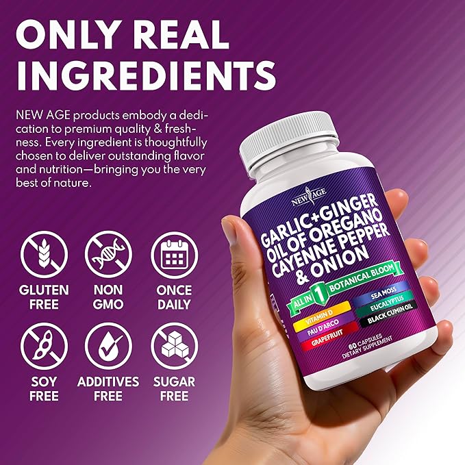 NEW AGE Garlic + Ginger Supplement - Oil of Oregano Cayenne Pepper Soursop Black Cumin Sea Moss Black Pepper - Black Seed Cleanse - 180 Count