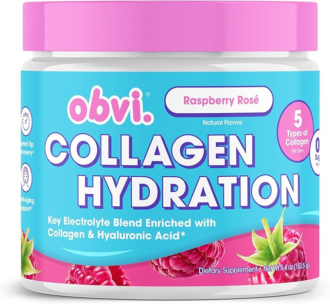 Obvi Hydration Powder | Electrolyte &amp Collagen Peptide Complex | 5 Types of Collagen with Hyaluronic Acid | Supports Skin Elasticity &amp Joint Health | Sugar-Free | Raspberry Rose 30 Servings