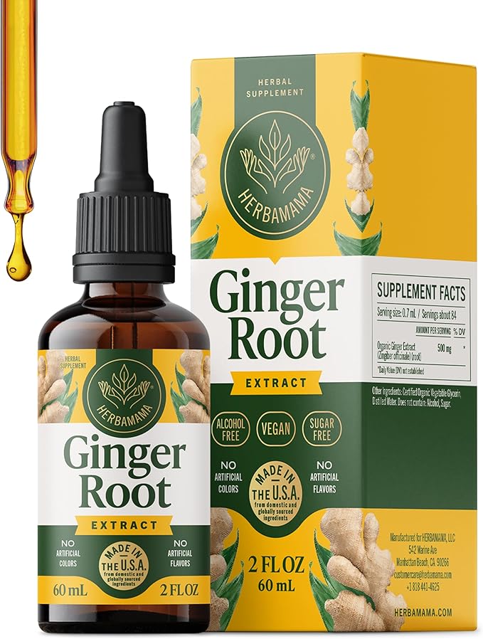 HERBAMAMA Ginger Drops - Vegan Digestive Support &amp Overall Well-Being with Ginger Root Extract Tincture - Non-GMO Alcohol &amp Sugar-Free Liquid Antioxidant Supplement 28-Day Supply