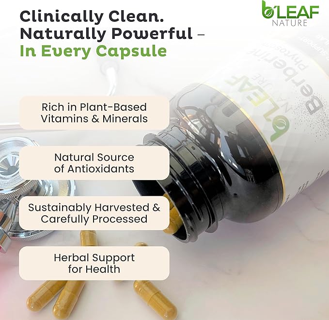 B’Leaf Nature Berberine Phytosome 120 Capsules – 1100mg Berberine Supplement for Metabolic and Cardiovascular Support – Vegan Gluten-Free Non-GMO Berberine Phytosome Capsules for Immune Wellness