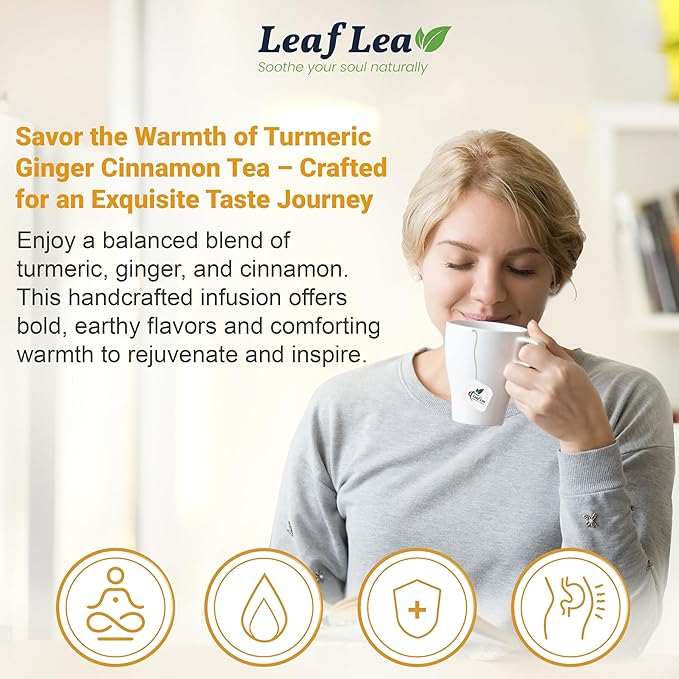 LeafLea Turmeric Ginger Cinnamon Tea 120 Individually Wrapped Tea Bags 100% Natural Herbal Blend with Pure Ginger and Turmeric Supports Digestion &amp Immune Health Caffeine-Free No Sugar