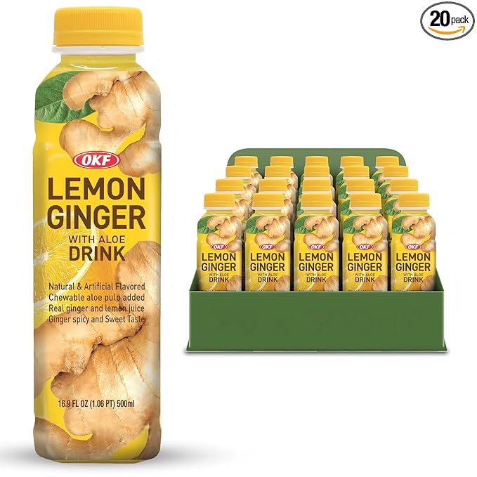 OKF Aloe Vera Juice Drink Lemon Ginger Pure with Chunks of Aloe Original 16.9 Fl Oz (Pack of 20) No Preservatives No Artificial Color Plant Based Korean Drinks