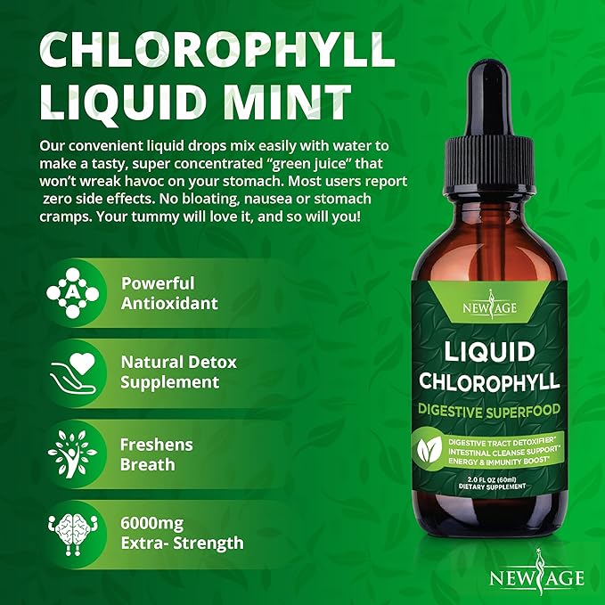 NEW AGE Chlorophyll Liquid Drops - Natural Concentrate – Energy Booster Digestion and Immune System Supports Internal Deodorant Liver Function - (2 Fl Oz (Pack of 4))