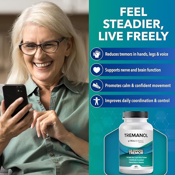 Tremanol Natural Aid Essential Tremor Relief Herbal Supplement for Neurological Support - Includes Vitamin B2 &amp B12 Passionflower &amp Skullcap for Hand Tremor Aids - Made in USA 60 Caps