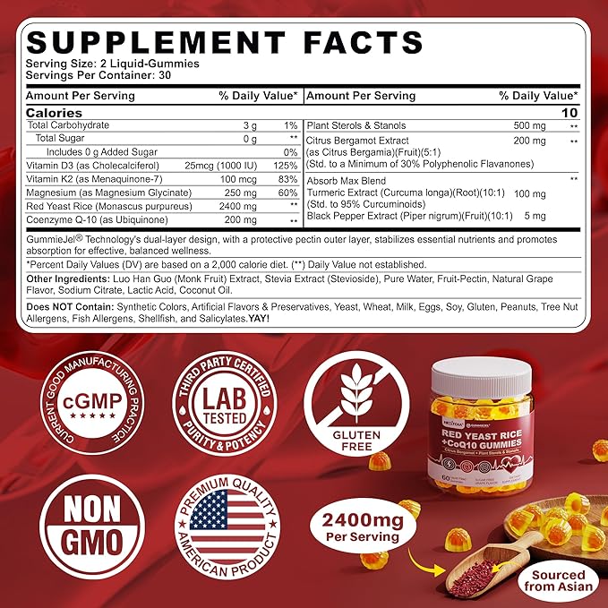 Red Yeast Rice Gummies 2400MG with CoQ10 Suagr Free Balanced Chṏlesterṏl Supplements Plus Citrus Bergamot Plant Sterols &amp Stanols Supports Vḁsculḁr Health Energy Immunity for Age 50+Vegan60