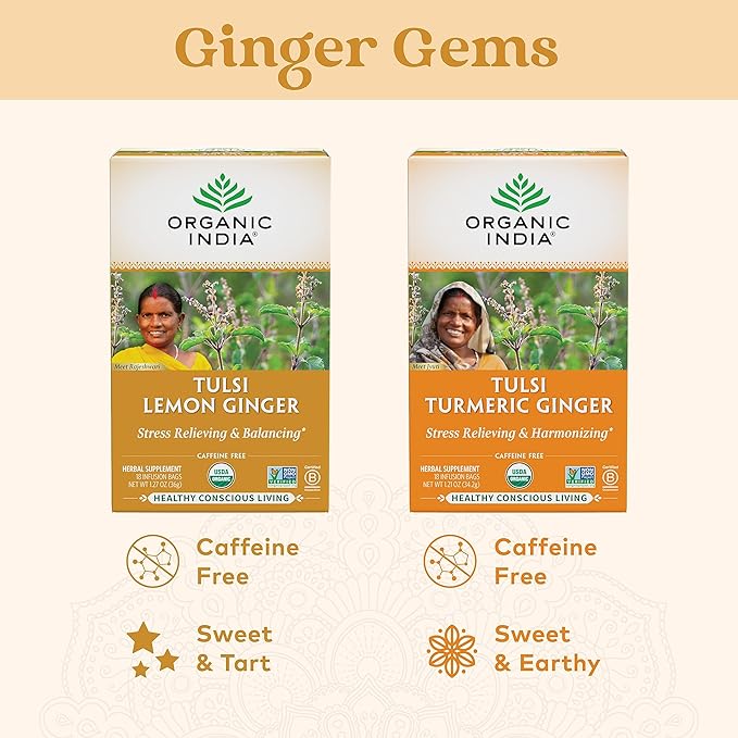 Organic India Tulsi Lemon Ginger Tea Bags - Herbal Tea Stress Relieving &amp Reviving Immune Support Aids Digestion Vegan USDA Certified Organic Non-GMO Caffeine-Free - 18 Infusion Bags 6 Pac