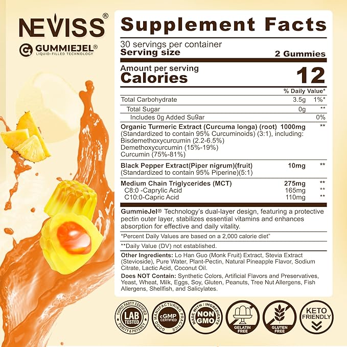 Turmeric Gummies 1000mg w/MCT Oil C8 C10 Organic Antioxidant Turmeric Curcumin Supplement with Black Pepper Extract Support Comfort Boost Energy Ultra Absorption Sugar Free 60 Cts