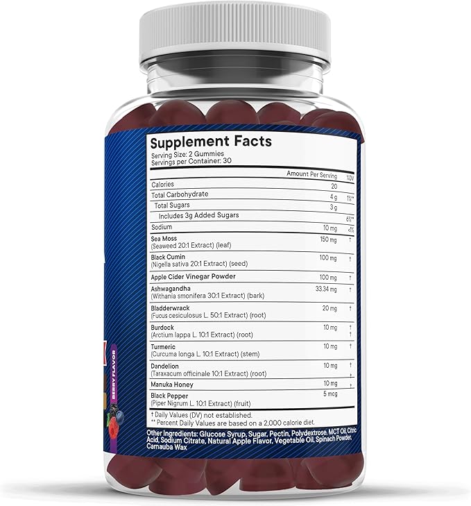 Sea Moss Gummies Sea Moss Black Seed Ashwagandha Turmeric Manuka Honey ACV Dandelion Black Pepper Burdock Bladderwrack Vegan- 180 Count