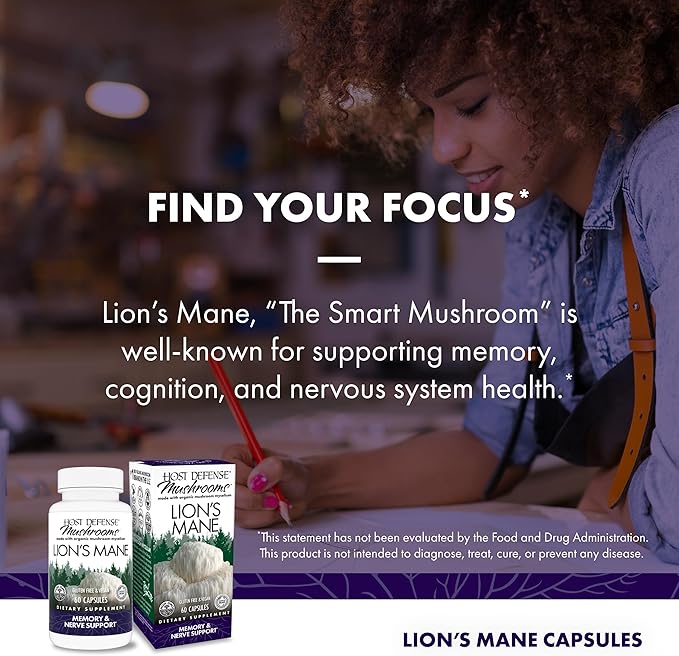 Host Defense Mushrooms Lion's Mane - Supplement Capsules for Brain Health Support - Mushroom Support for Focus &amp Memory Function - Immune &amp Nervous System Supplement - 60 Capsules