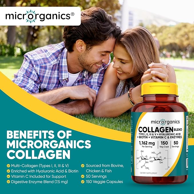 5-in-1 Collagen Complex Hydrolyzed Peptides Types I II III V Hyaluronic Acid Biotin Vitamin C &amp Digestive Enzymes for Max Absorption 150 Veg Caps