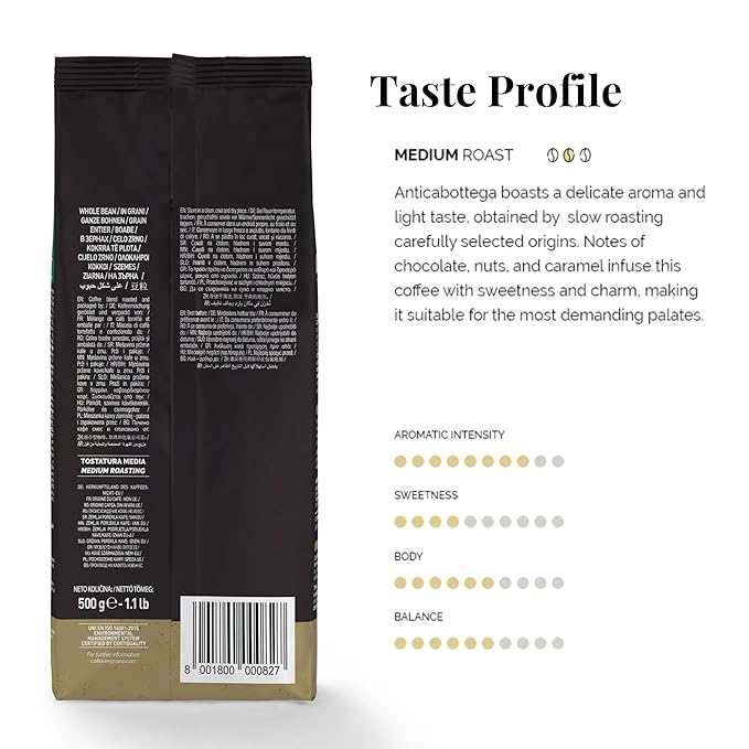 Caffe Vergnano 1882 Antica Bottega Whole Bean Arabica Medium Roast Espresso - Italian Coffee Beans Chocolate Nuts and Caramel Notes Intensity 5/10 3.3 lbs