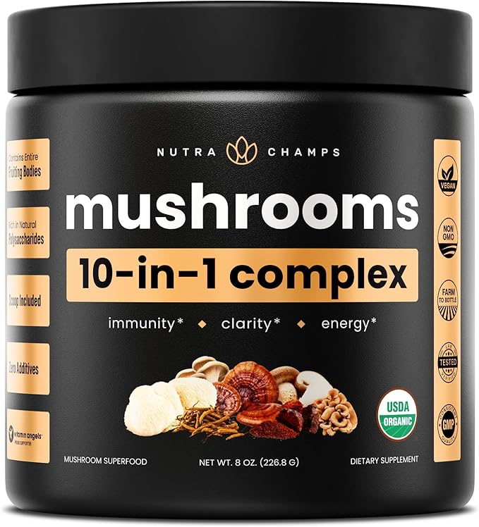 NutraChamps Organic Mushroom Powder - 10-in-1 Complex - Mushroom Supplement Powder Blend for Memory Focus &amp Immune Support - 8oz (8.0 OZ Mushroom Blend)
