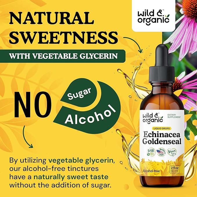 Wild &amp Organic Echinacea Goldenseal Liquid Drops - Immune Support Supplement w/Goldenseal Echinacea Root Extract - Vegan Sugar &amp Alcohol-Free Tincture - 2 fl oz